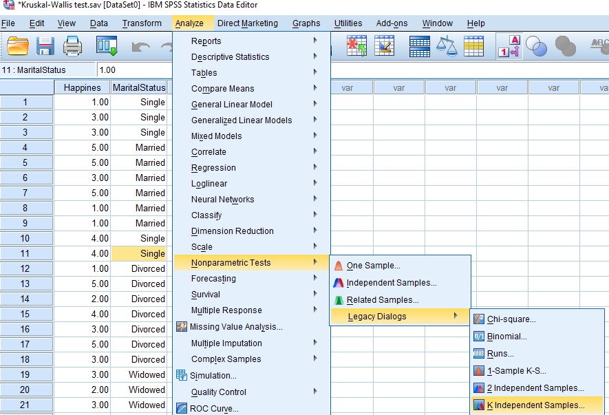 how to run kruskall wallis test in spss menu
