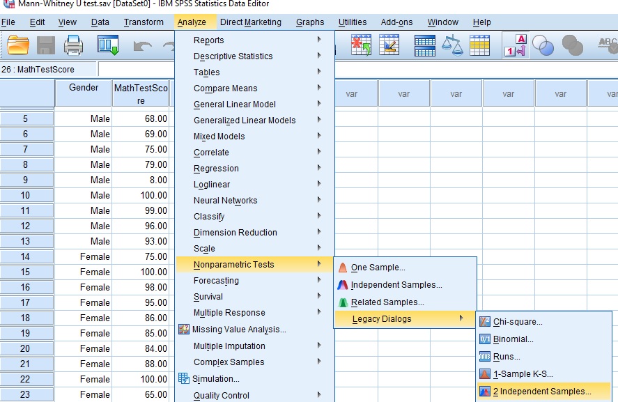 mann whitney u test in spss menu
