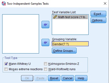 SPSS Menu for Mann Whitney U Test