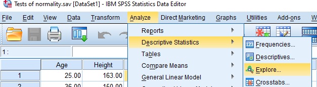 Tests of normality 1 Normality Test in SPSS menu